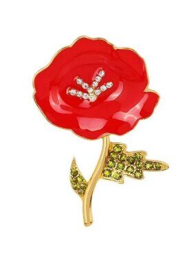 Red Enamel Poppy Brooch with Green & Clear Crystals Gold Tone